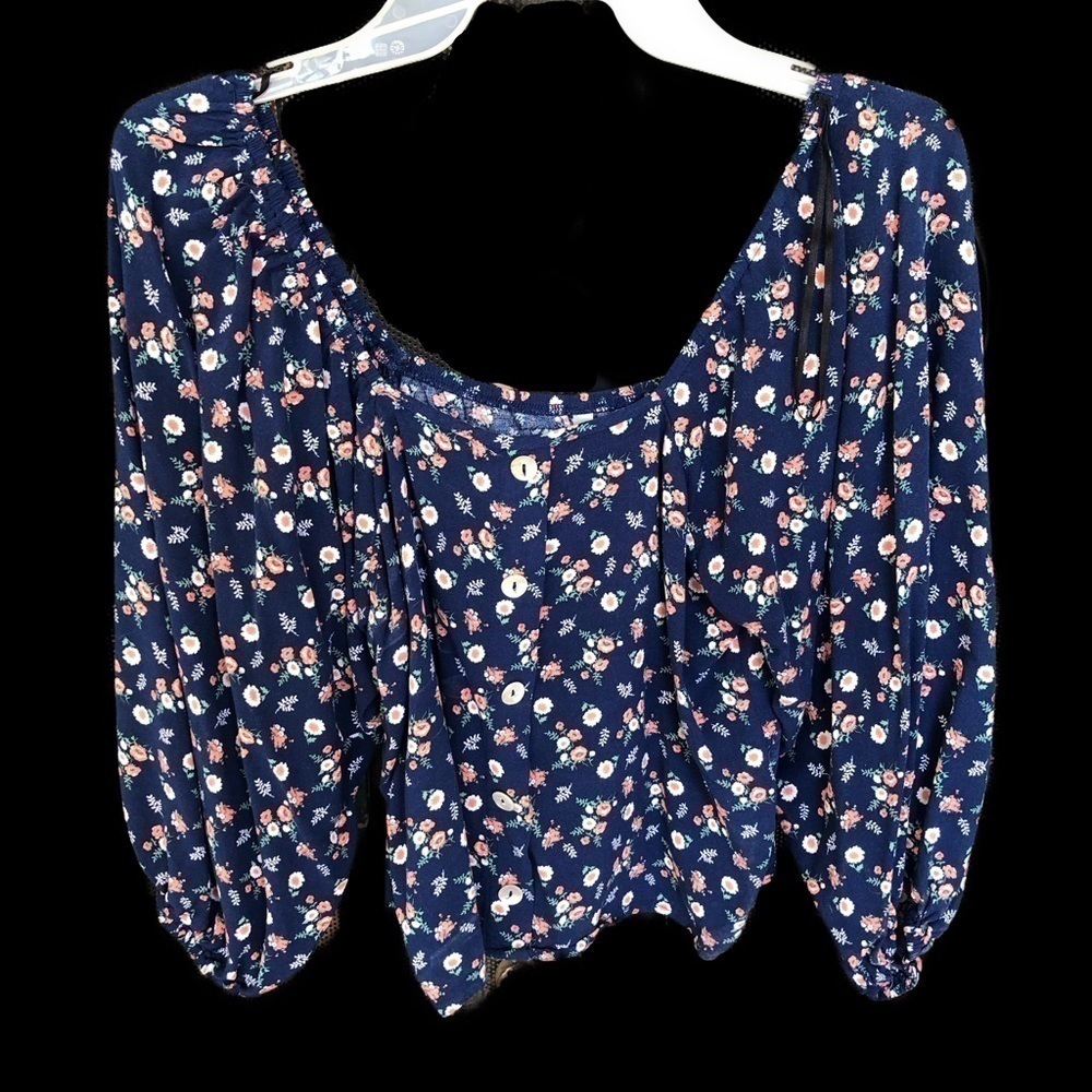 Beautiful Navy Blue Floral Top with Buttons